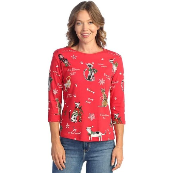 Jess & Jane Meow Cats Christmas Holiday 3/4 Sleeve Top - Red NWT - Picture 1 of 1